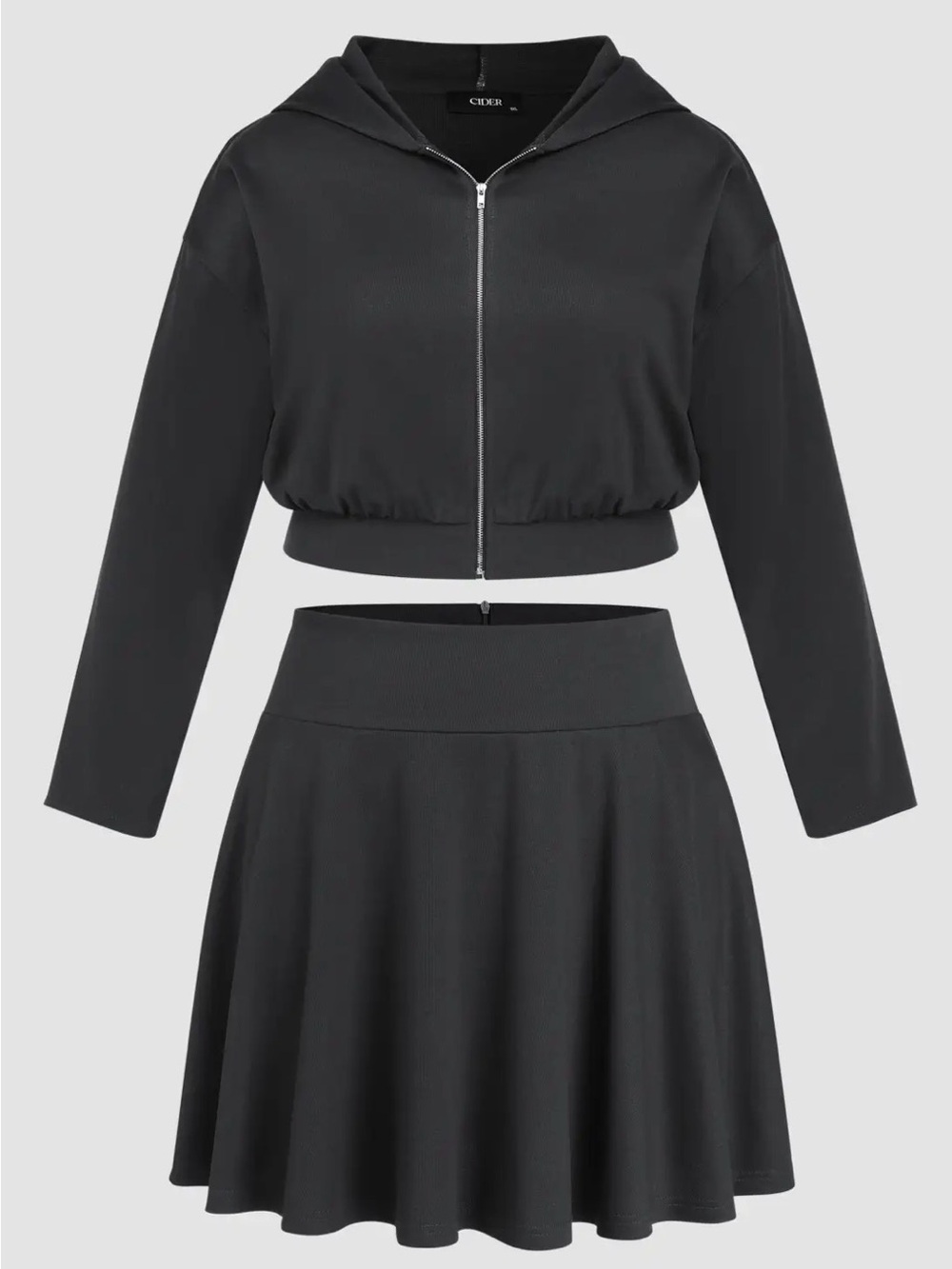 Cider Black Cropped Zip Hoodie with Flared Skater Skirt